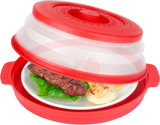10.7 Inch Microwave Food Cover with Heat Insulation Mat, Anti-Scald Collapsible Microwave Splatter Cover, Multi-Functional as Colander & Fruit Plate, Dishwasher Safe, Ideal for Meal Prep (Red)