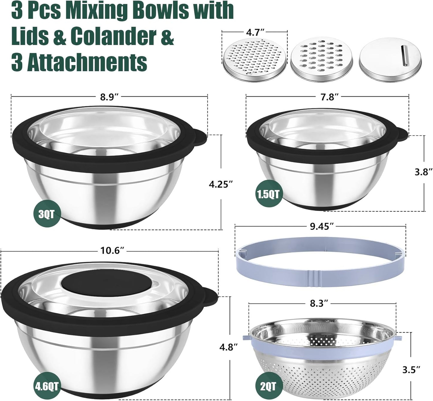 TeamFar Mixing Bowls with Colander Set, Stainless Steel Strainer and Nesting Salad Bowls, with Lids & 3 Graters, Non-Slip Bottom & Visible Lid, Rotatable & Dishwasher Safe, 4.6/3/1.5 QT, Black