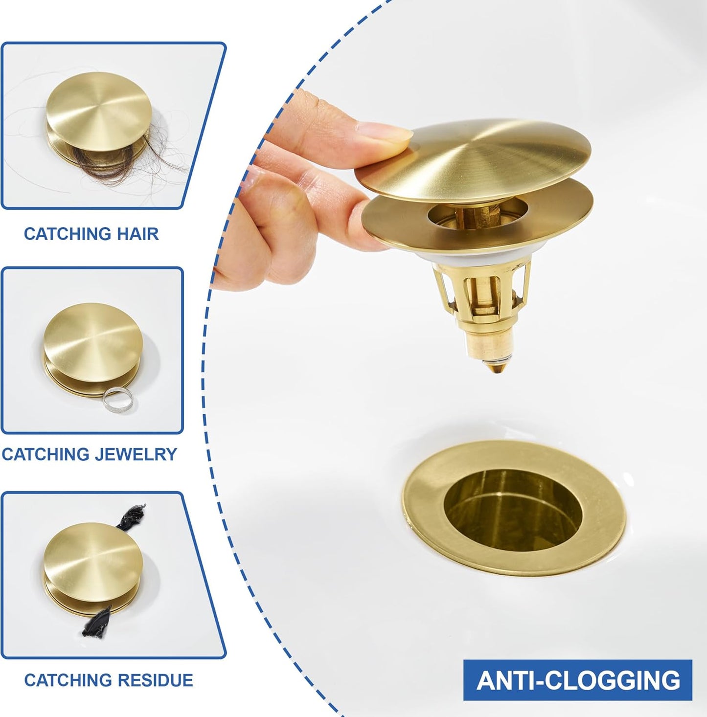 Universal Bathroom Sink Stopper - Pop Up Sink Drain Stopper, Push Button Flixfilter Sink Drain Stopper Replacement, Wash Basin Drain Filter Plug Anti-Clogging Basket, Brushed Gold
