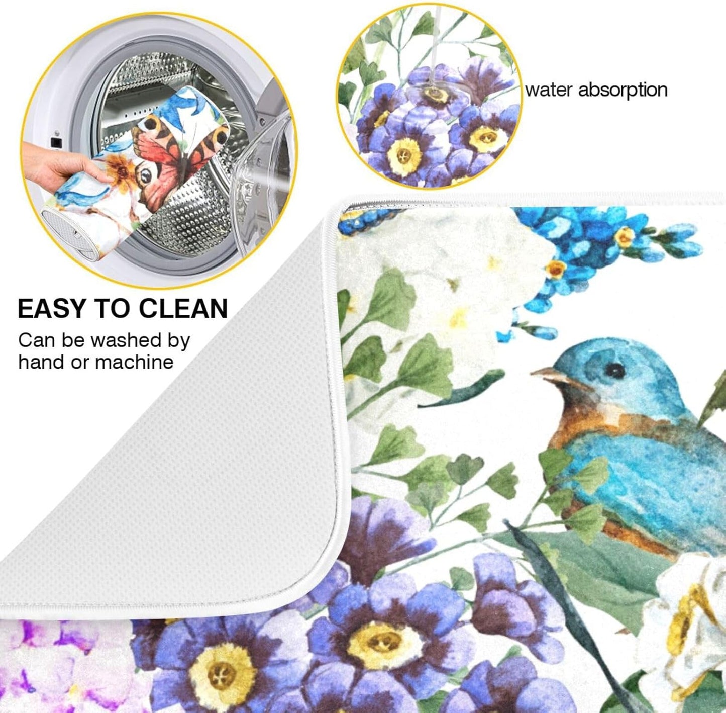 Flowers Birds Butterflies Dish Drying Mat for Kitchen Counter Absorbent Microfiber Drying Pad, Medium 16x18 in, Reversible Drainer Mats