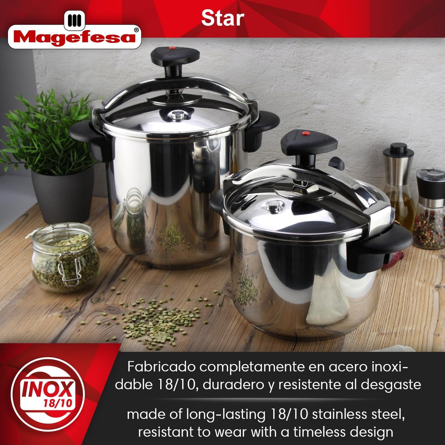 MAGEFESA Star Pressure Cooker, 4.2-Quart, 18/10 Stainless Steel, Works on All Stovetops (Induction Compatible), Safety Lock & 8 PSI Cooking