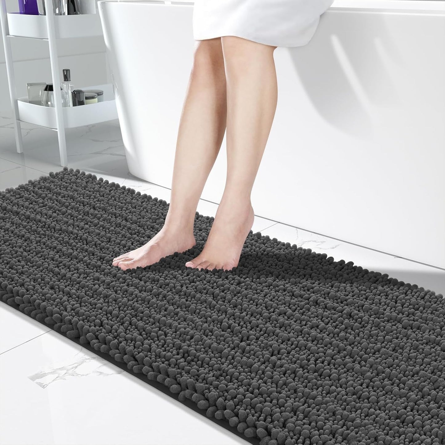 Yimobra Bathroom Runner Rug 70x24 Inch - Extra Long Non Slip Chenille Bath Mat, Soft & Absorbent, Machine Washable Shaggy Hallway Carpet for Vanity Tub Shower, Dark Gray Home Decor Accessories