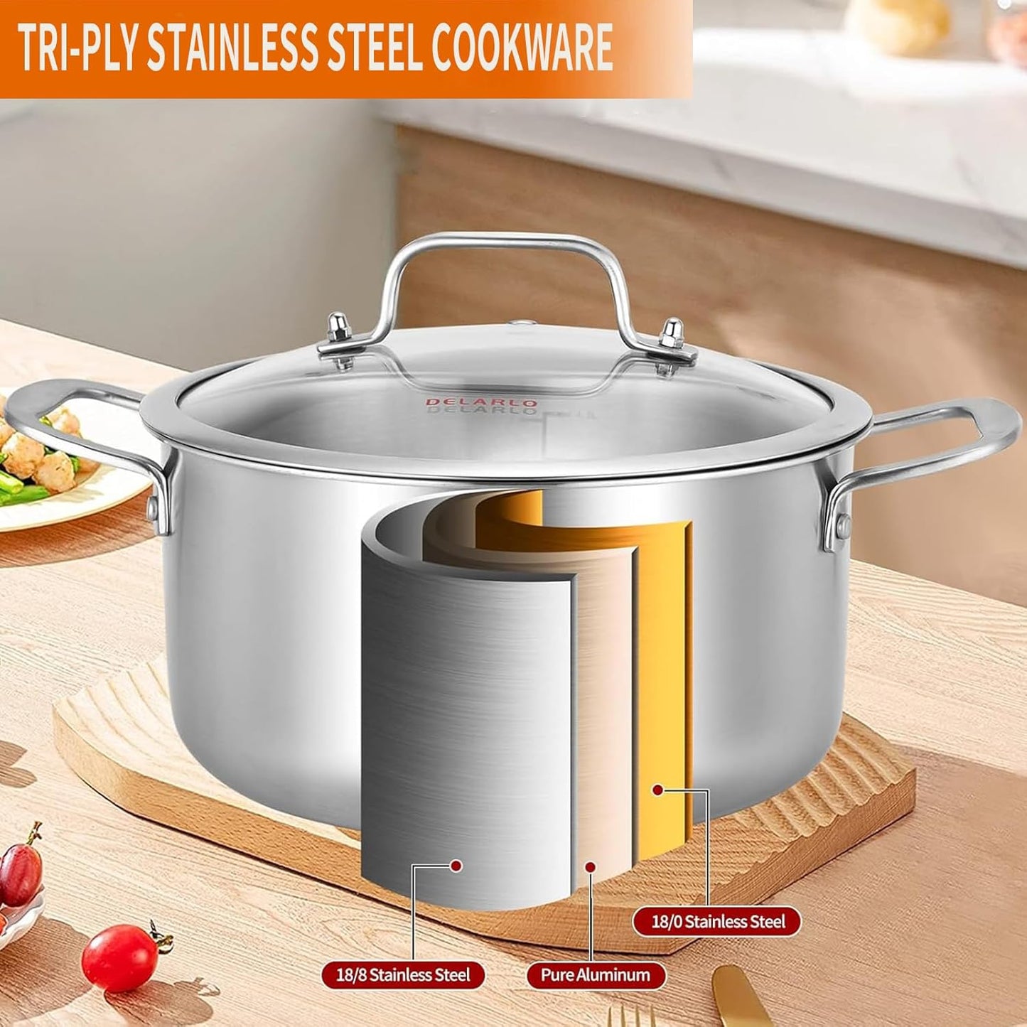 DELARLO Tri-Ply Stainless Steel 6QT Pot with Lid, Induction Ready, 6 Quart with Lid, Durable, Noodle Pot, 18/10 Heavy Duty for Cooking, Suit for All Stove, Up to 600℉(Lids 300℉)