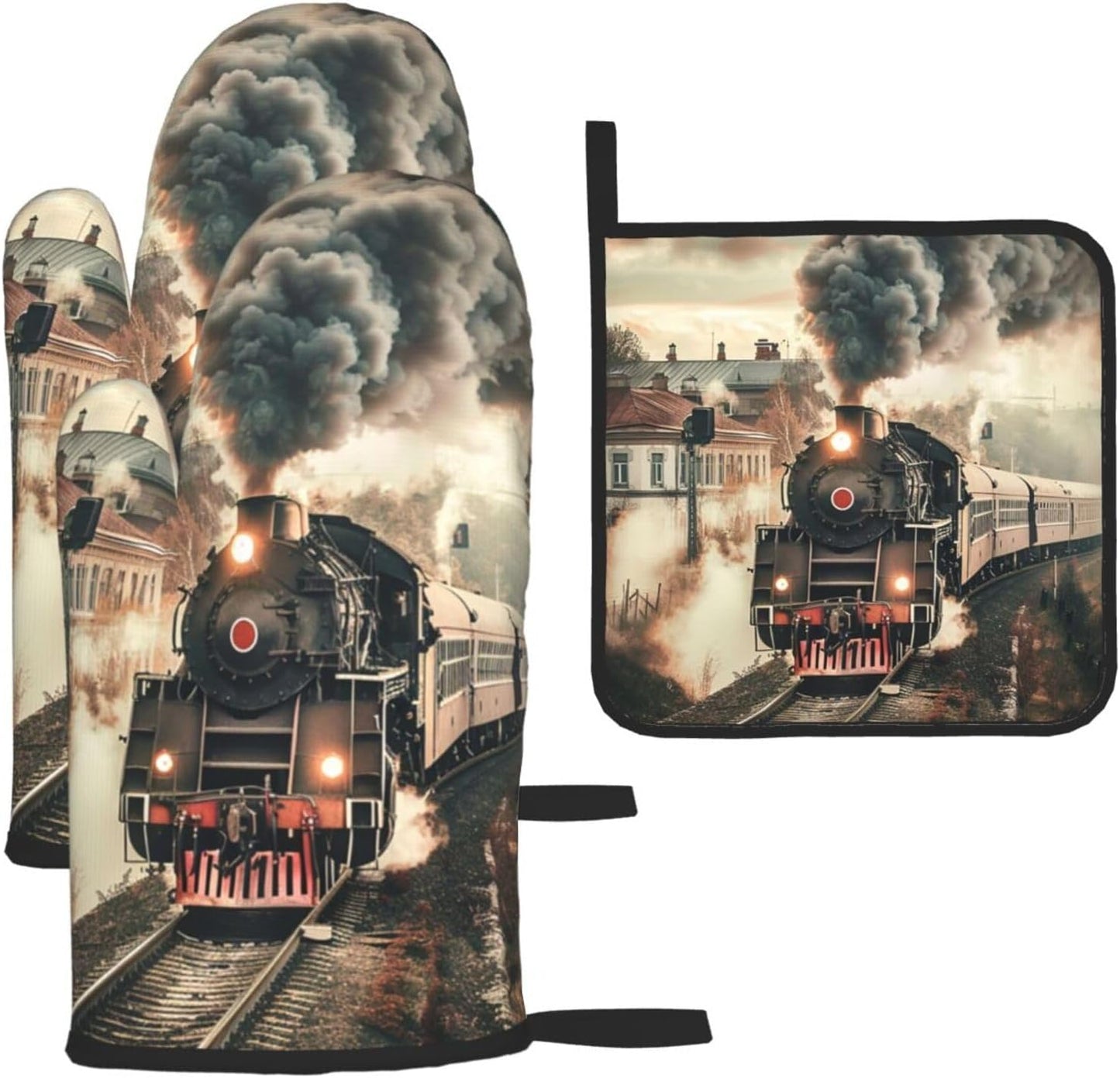 Train Travelling Oven Mitts and Pot Holders Sets of 3 Heat Resistant Oven Gloves Hot Pads Non-Slip Kitchen Accessories for Baking Cooking Grilling BBQ