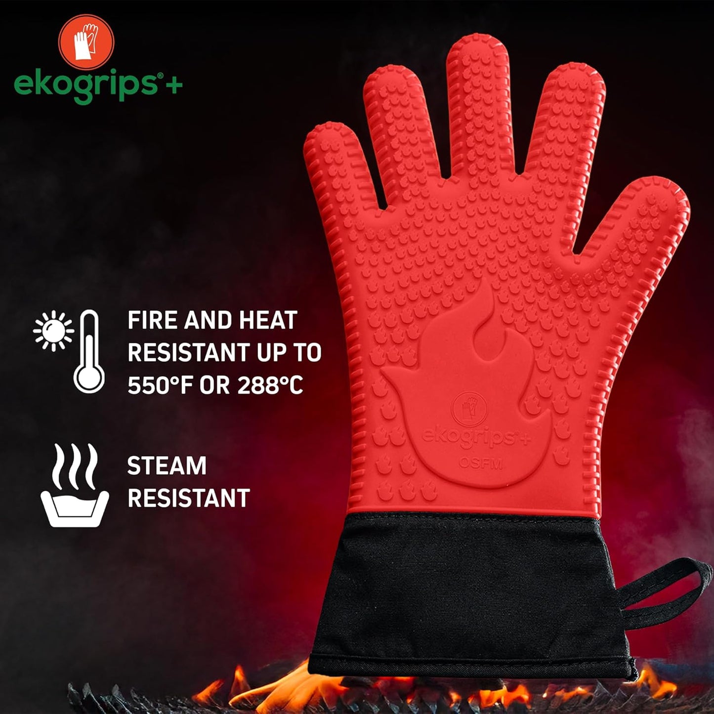 Ekogrips Plus Oven Gloves with Fingers, Comfy Waterproof Silicone Oven Mitts Heat Resistant with Long Cuff, Insulated BBQ Gloves Perfect for Grilling, Baking, Smoker, Canning, Pizza, Red, Hot Mitts