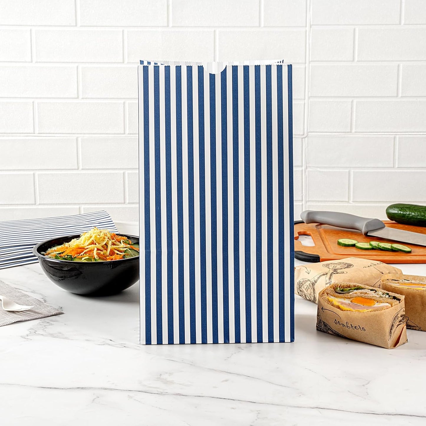 Restaurantware Bag Tek 12 LB Disposable Lunch Bags 100 Sturdy Take Out Bags - Flat Bottom Great For Restaurants Cafes And Bakeries Blue And White Paper Popcorn Bags Versatile For Grocery