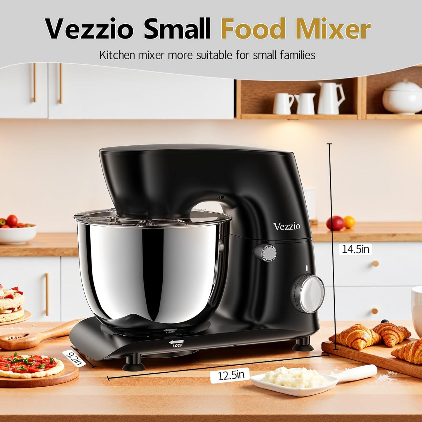 Vezzio Stand Mixer,6 Quarts,10-Speed Tilt-Head,Kitchen Food Mixer with Stainless Steel Bowl,Dough Hook,Whisk, Beater,Egg White Separator (Black)