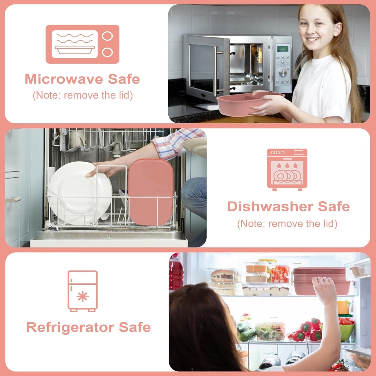 JBGOYON® Bento Lunch Box Set - 3 Stackable Containers for Adults and Kids，lunch box for women- Includes Lunch Bag, Leak-Proof and BPA-Free - Built-in Utensil Set - Dishwasher Safe (Pink)