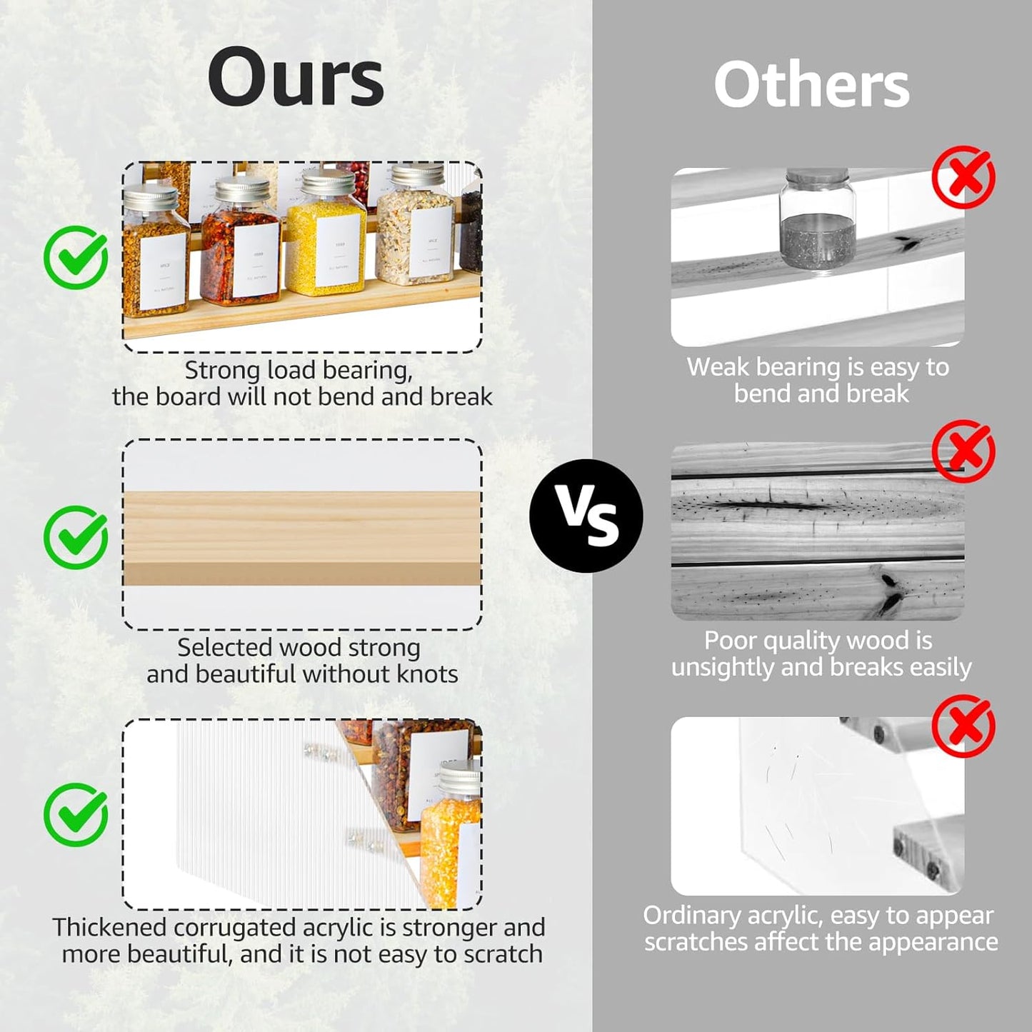 nianfeng Tiered Spice Rack, 4-Tier Spice Pantry Kitchen Cabinet Organizer, 12-Inch, Natural Wood Acrylic Stair Riser Stand, Countertop Seasoning Shelf