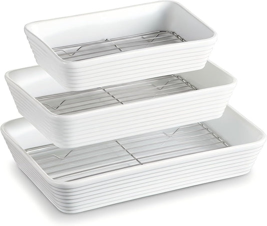 ONEMORE Casserole Dishes for Oven, Ceramic Baking Dish Set of 3 with Roasting Racks Rectangular Large Deep Lasagna Pan without Handles Porcelain Baking Pan with Rack for Oven Cooking (3QT/2.1QT/1.3QT)