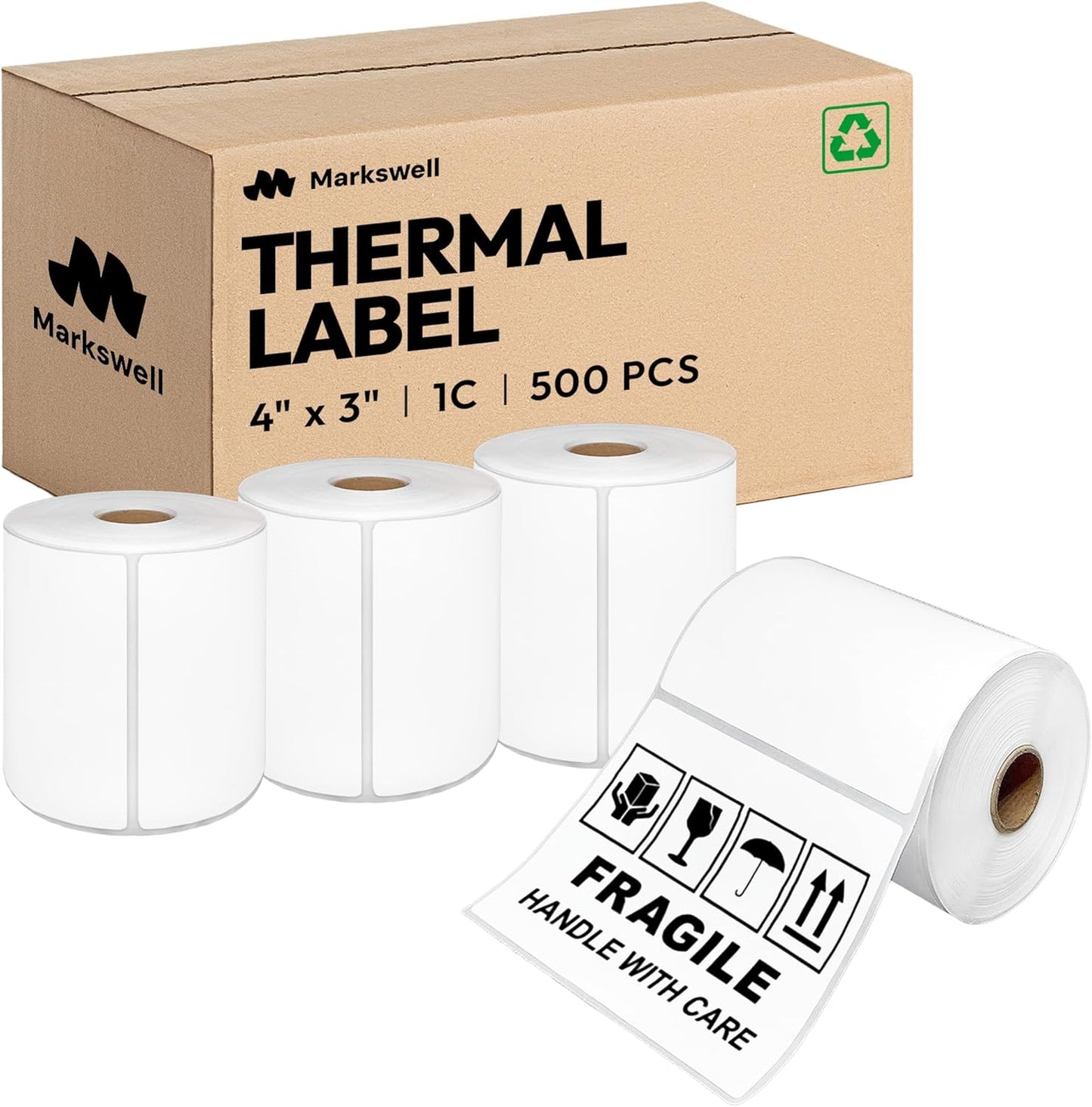 4x3 Direct Thermal Label, Barcode Address Mailing Name Shipping Labels, Perforated Thermal Stickers, Multipurpose, Commercial Grade for Thermal Printer, Strong Adhesive, 500/Roll, 4 Rolls