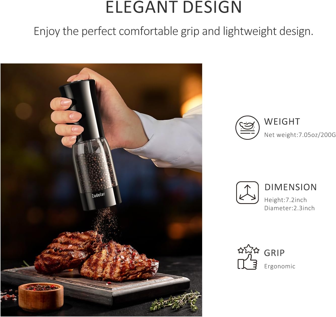 Electric Salt and Pepper Grinder Set with LED Power Display,Larger Capacity Salt and Pepper Shakers Set Rechargeable Electric with Flexible Coarsenes,LED Light,One Hand Operation for Kitchen