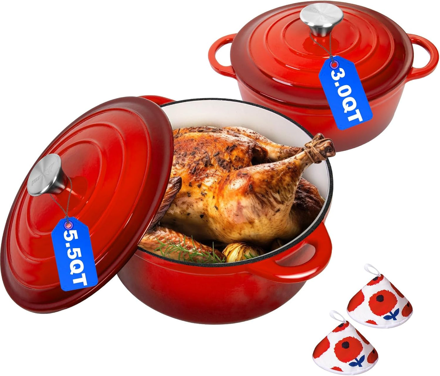 Romswi Enameled Cast Iron Dutch Oven Set - 3qt & 5.5qt Dual Combo - 7-Layer Professional Grade Dutch oven pot with lid - Oven Safe for Braising, Stews, Roasting, Bread Baking - Red Bread Dutch Oven