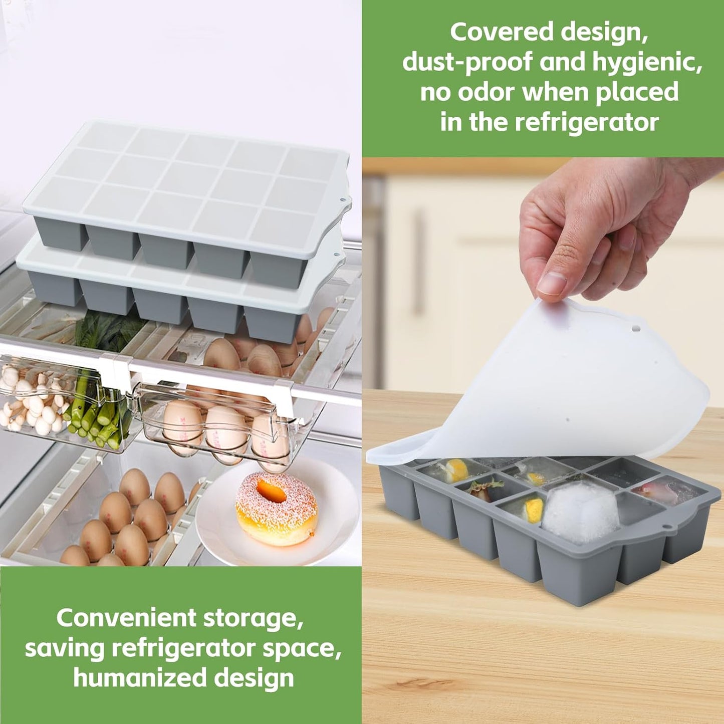 Silicone Ice Cube Tray, 2 Pack Easy-Release Stackable Ice Trays for Freezer with Lid 15 Reusable Cubes, Food Grade BPA Free Ice Molds for Whiskey, Baby Food, Coffee, Cocktail (Grey+Green)