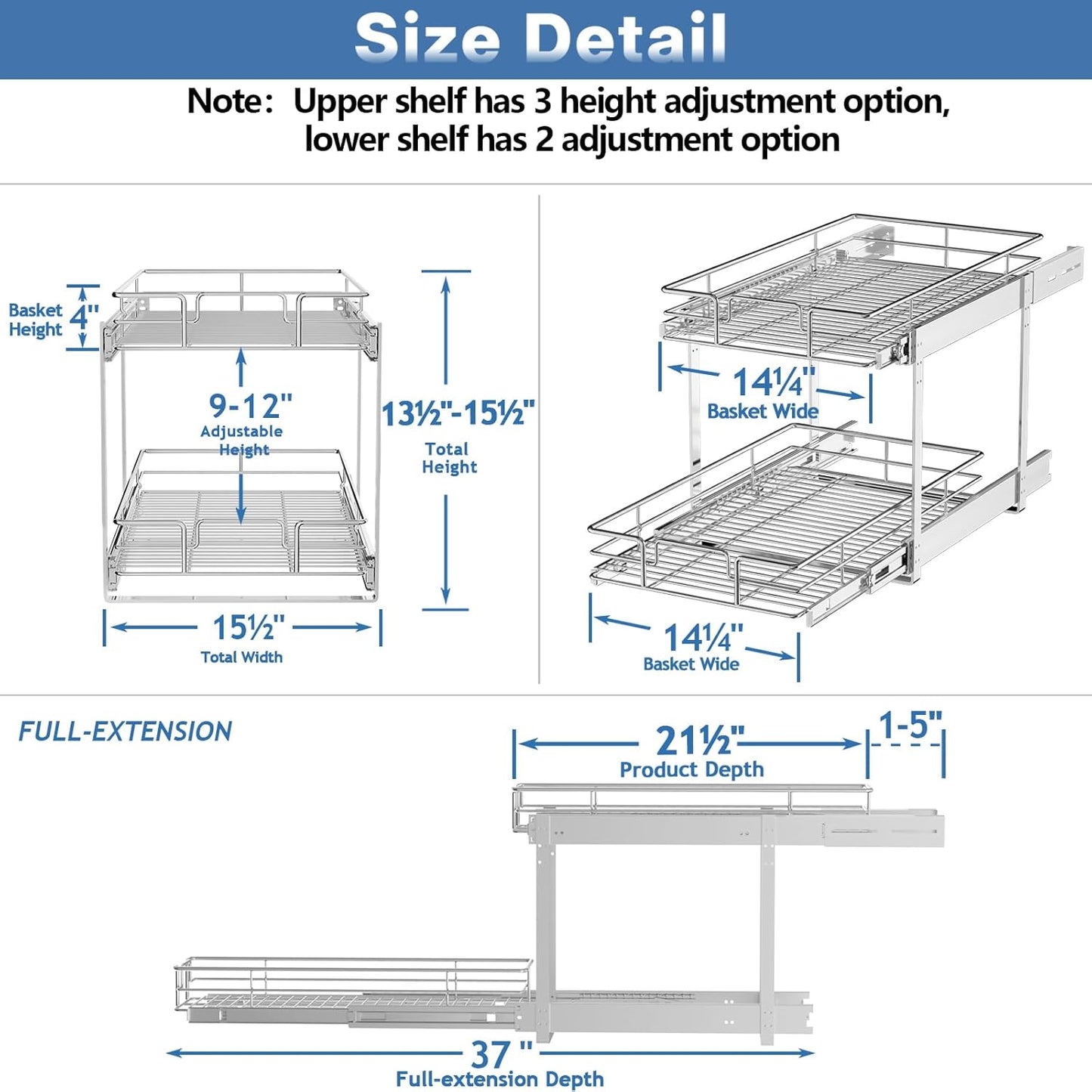 ROOMTEC Individual Pull Out Cabinet Organizer (15½" W x 21½" D), 2 Tier Spice Rack Organizer for Cabinet, Slide Out Drawer Pantry Shelf Organization and Storage for Kitchen Bathroom