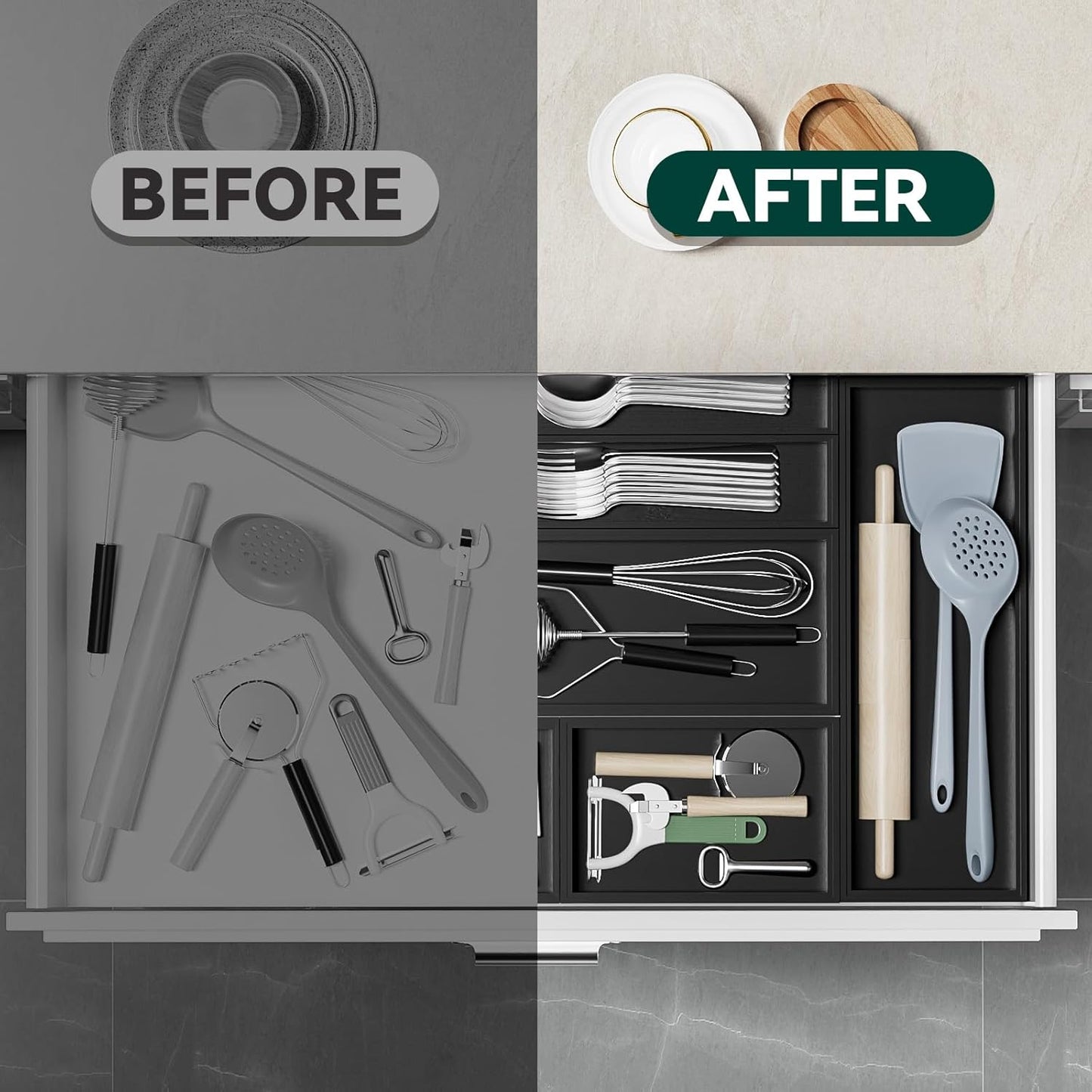 Bamboo Drawer Organizer, Extra Large Silverware Organizer for Kitchen Drawer, Stackable Utensil Organizer, 2 Pcs Toilet Tank Topper Tray, Wooden Toilet Paper Basket (Black, 17 X 6 X 2 Inch)