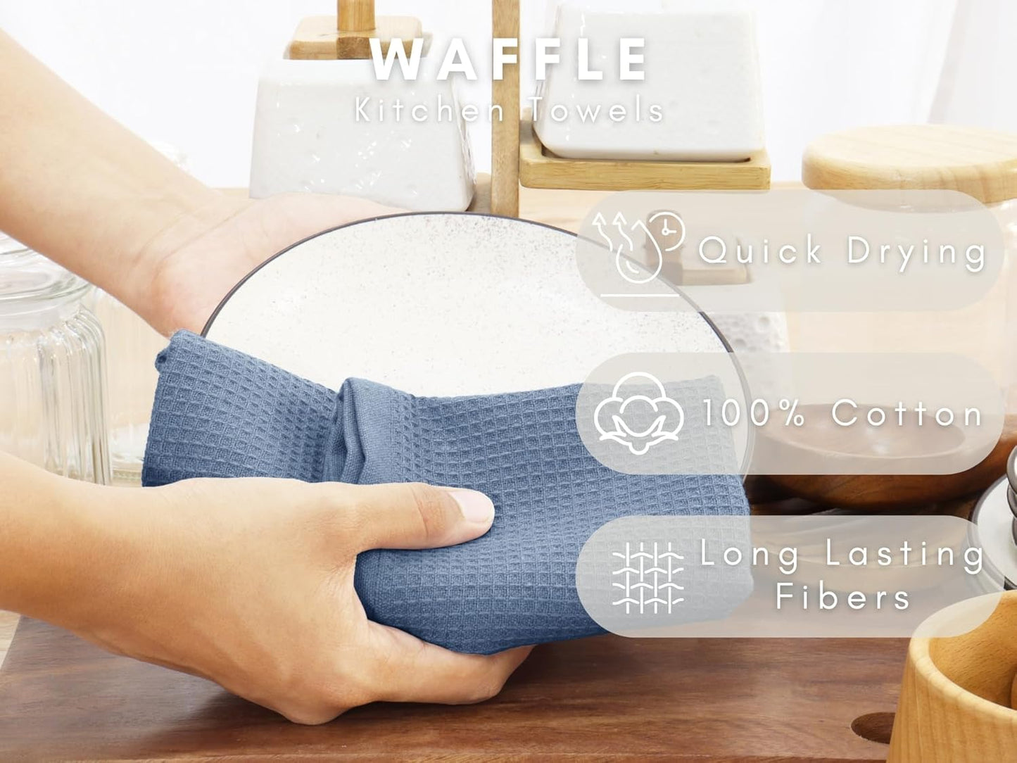 PurpleEssences Waffle Weave Kitchen Towel, 100% Cotton - 15 x 25 Inches, with Hanging Loop Ultra Soft Absorbent Quick Drying Dish Cloth, Tea and Hand Towels, 4 Pack - Spring Summer - Smoky Grey