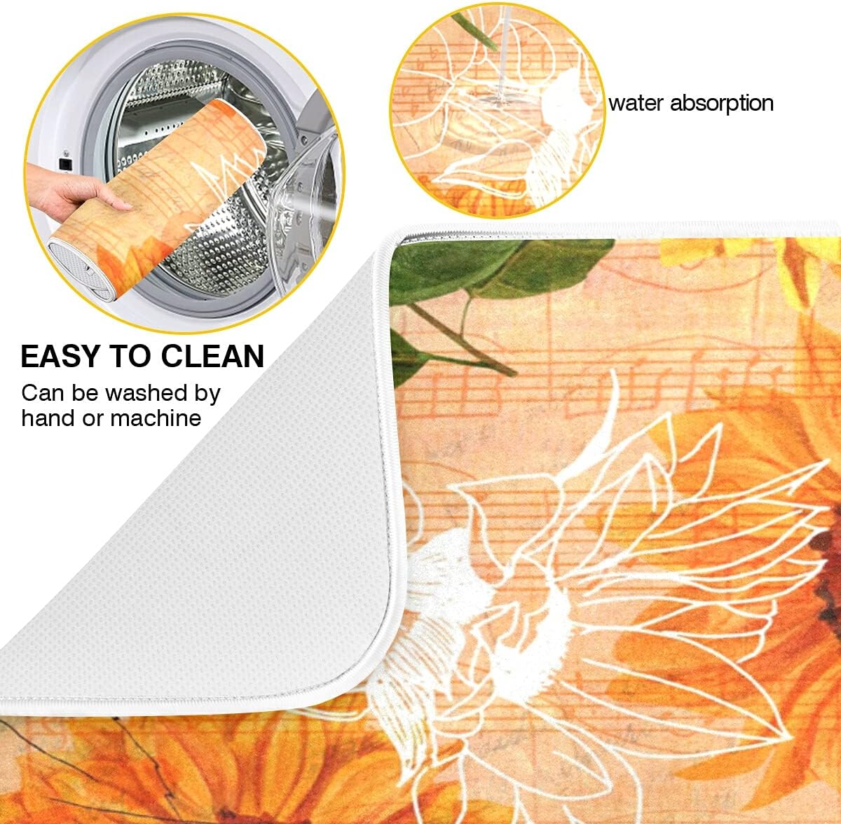 Super Absorbent Dish Drying Mat, Microfiber Fast-Drying Dish Mat, 16" x 18", Kitchen Dish Drying Pad, Watercolor Sunflowers