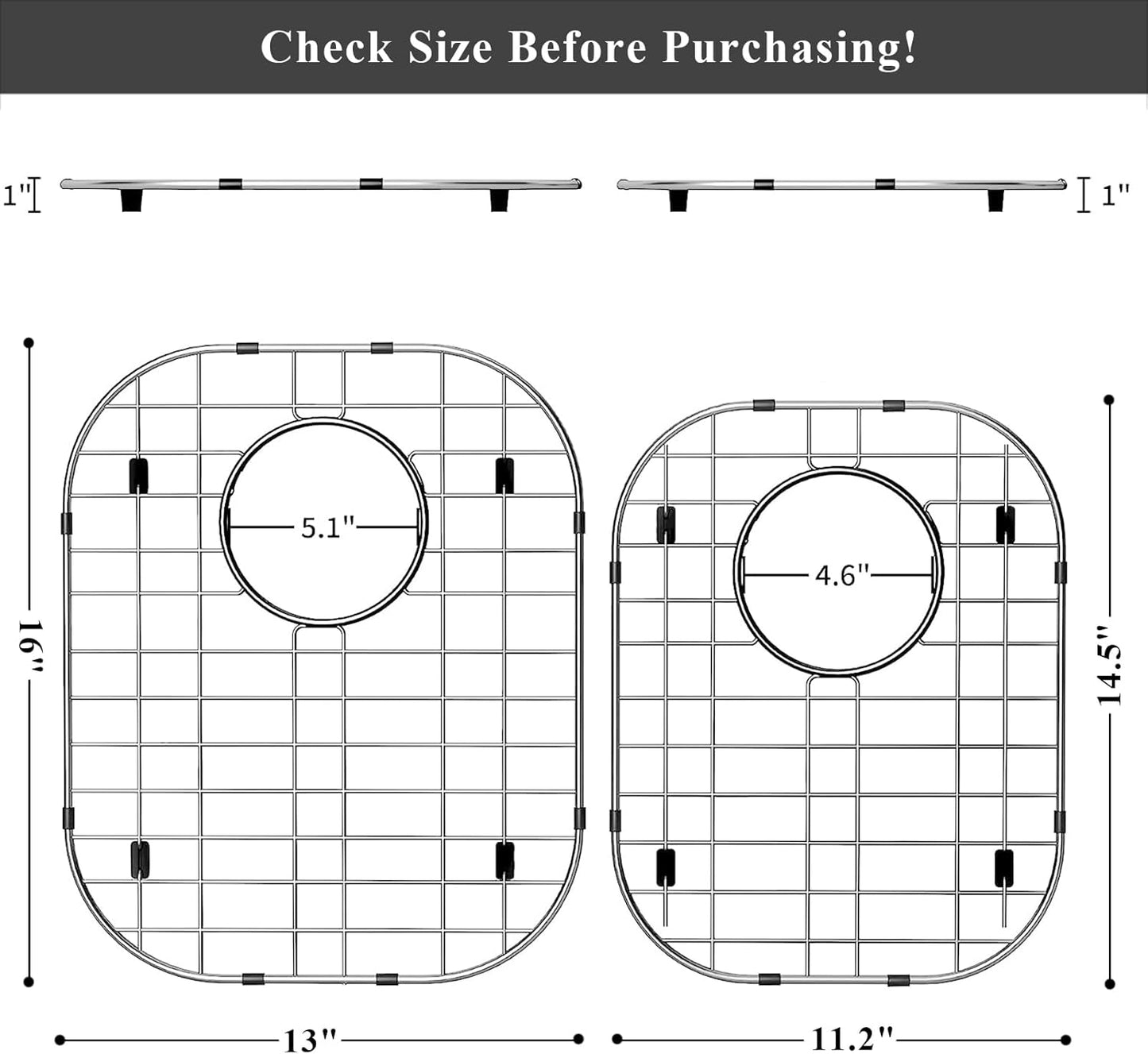Orgneas Sink Protectors for Kitchen Sinks, Double Bowl Sink Bottom Grid 13"x16" and 11.2"x14.5", 304 Premium Stainless Steel Kitchen Sinks Grate Rack Grid, Centered Drain, 2 Pcs