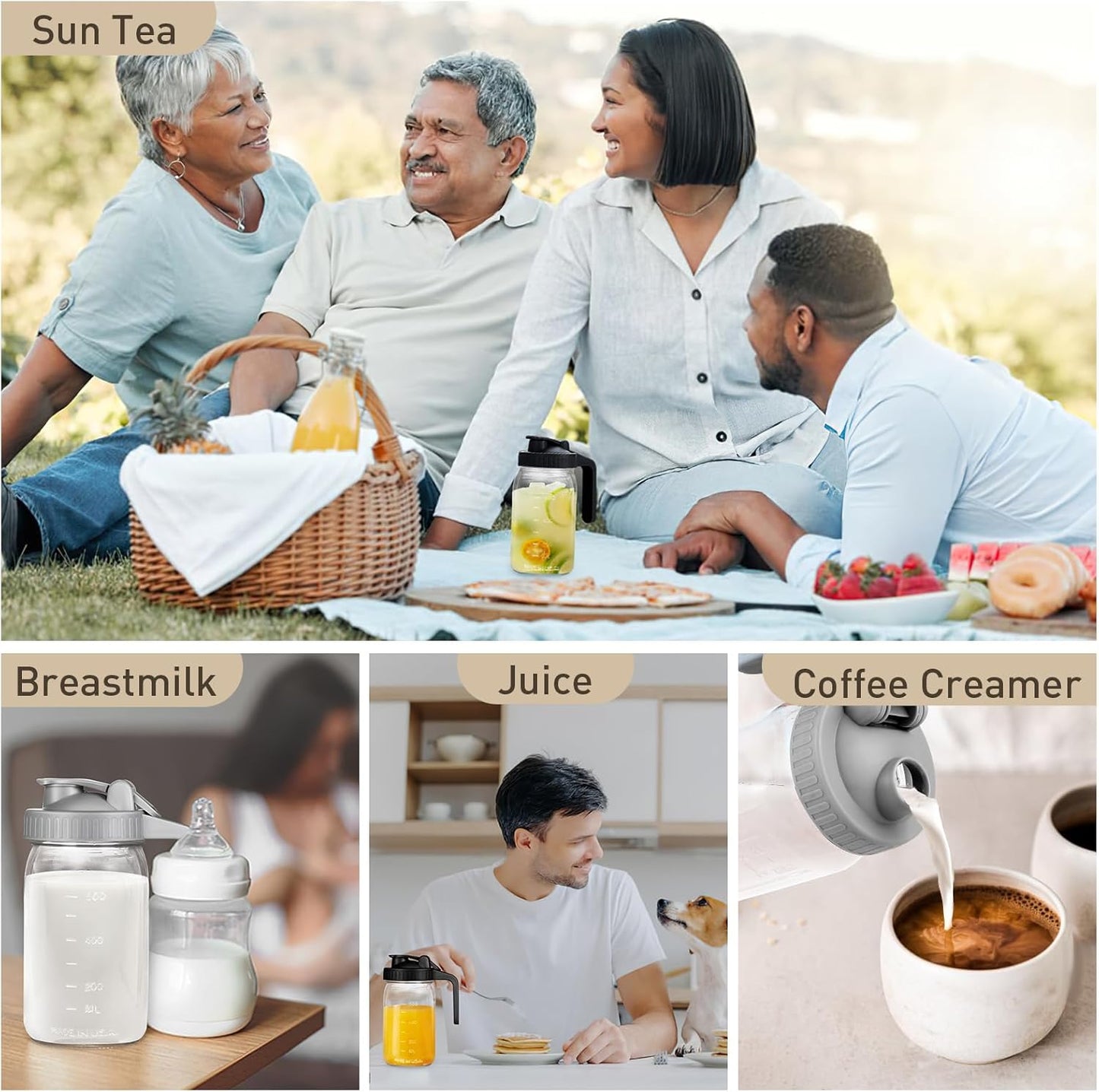 Creamer Pitcher Jar with Lid - 2 Pack No Leak 32oz Airtight Mason Jar with Pour Spout Lid, Classic Wide Mouth Jug Easy to Clean, Ideal for Coffee, Breastmilk, Iced & Sun Tea, Juices