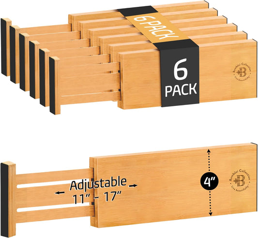 6 Pack Drawer Dividers 4 Inch High, 11”-17" Adjustable Bamboo Organizers Large Expandable Drawer Separators for Cloths, Dresser, Bedroom, Bathroom, Baby Drawer, Office & Kitchen Utensils (Natural)