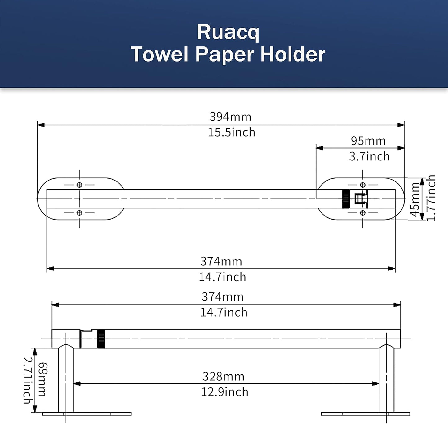Ruacq Brushed Gold Paper Towel Holder Double Post Pivoting Round Base Under Cabinet Paper Towel Holder for Kitchen Self-Adhesive or Drill mounting