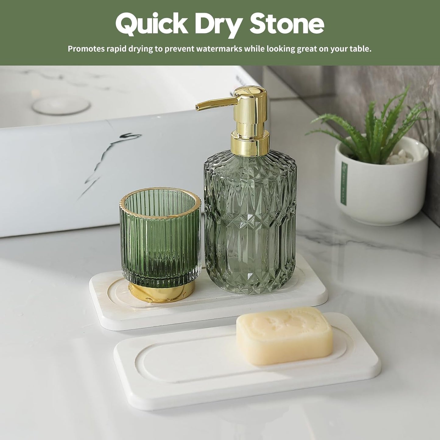 2Pack Water Absorbing Stone Tray for Sink, Diatomite Drying Coasters for Kitchen & Bathroom Counter, Kitchen Soap Dish Makeup Caddy, Dispenser Sponge Holder Space Organizer, White - 8"x 3.8"