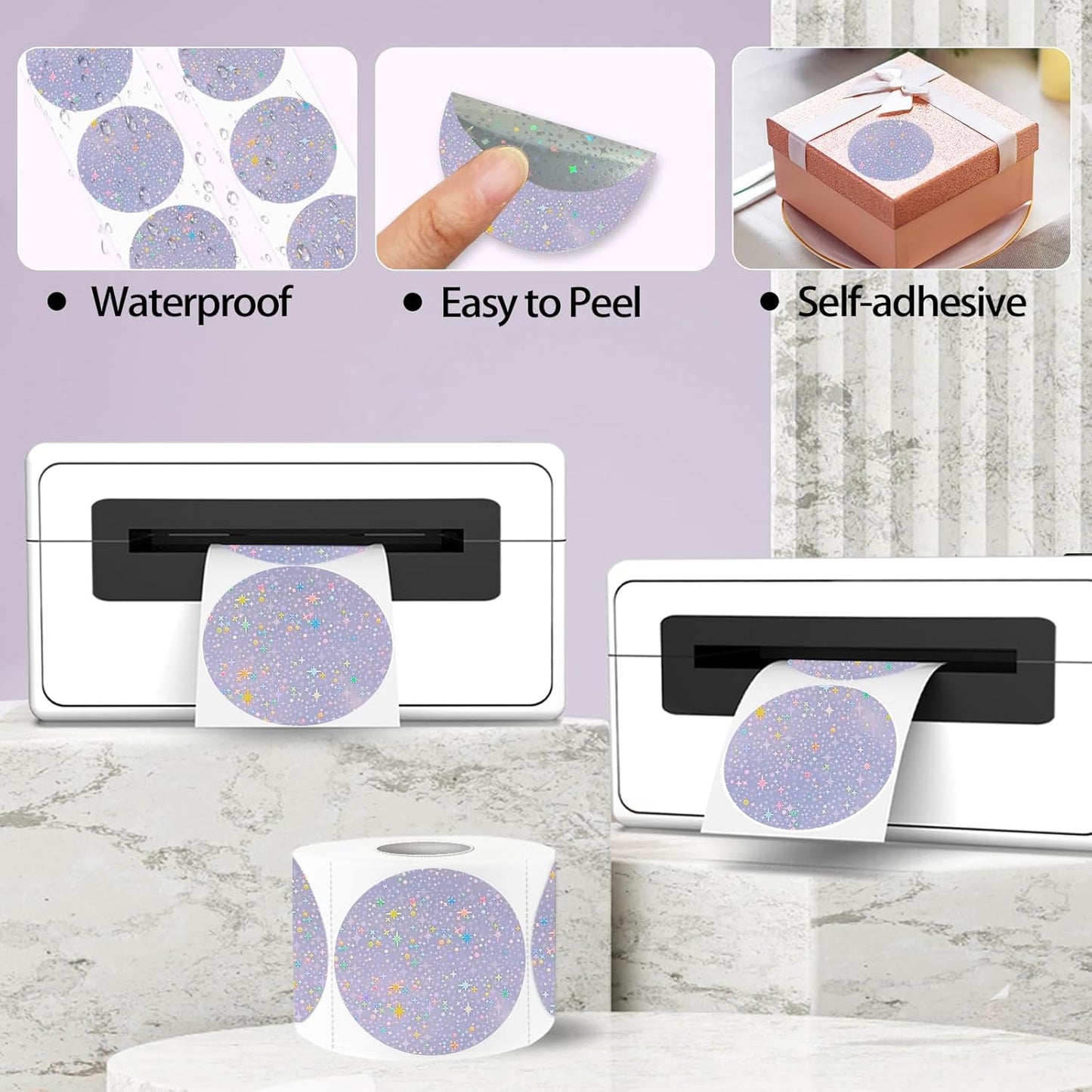 2''Holographic Thermal Label,Round Self-Adhesive Direct Thermal Label,Thermal Stickers for DIY Logo Design,Name Tag (300/Roll Purple Starry Sky