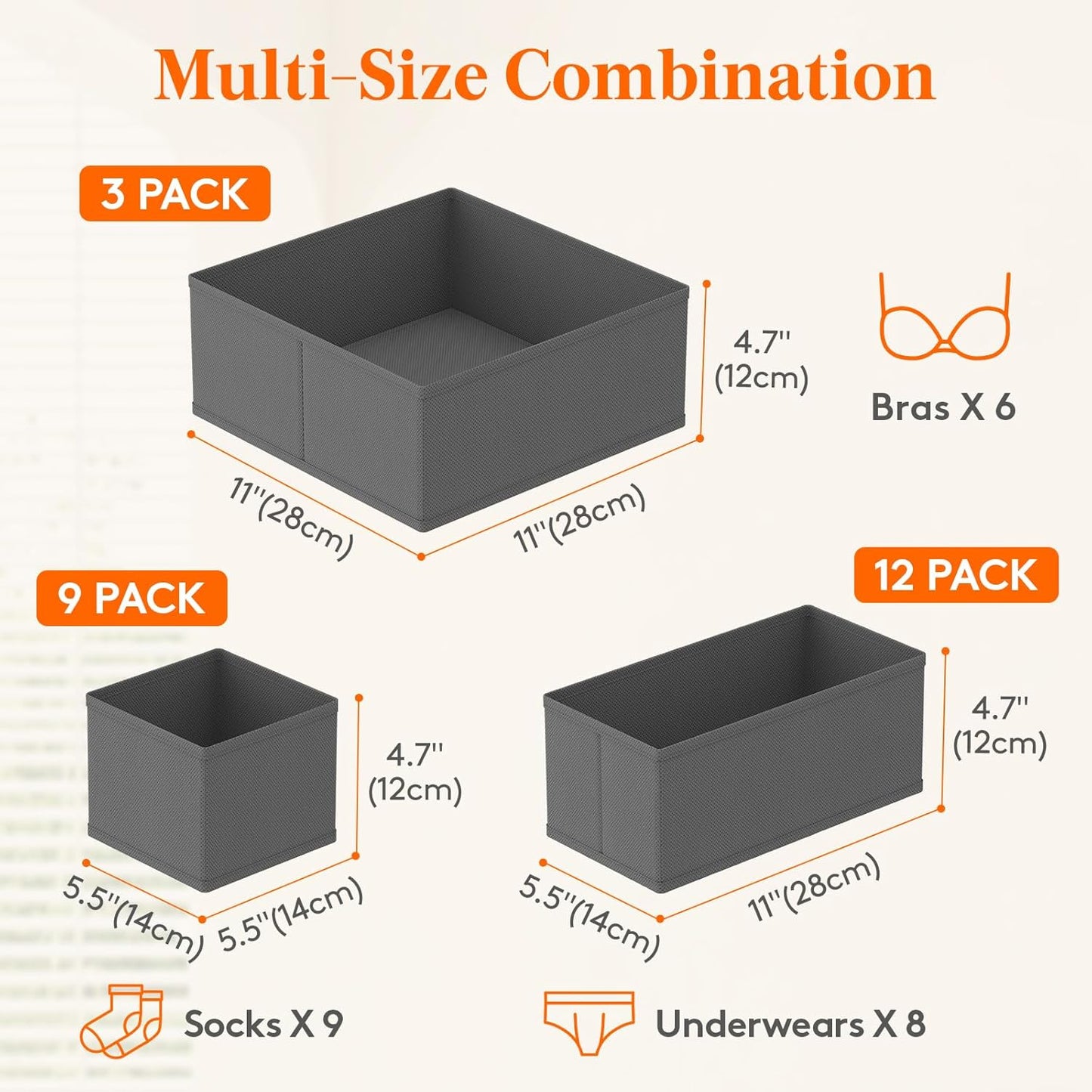 Lifewit 24 Pack Drawer Organizer, Dresser Underwear Drawer Organizer Bins, Foldable Fabric Closet Organizers, Storage Drawer Dividers, Dorm Room Essentials for Clothing, Socks, Towels, Ties Gray