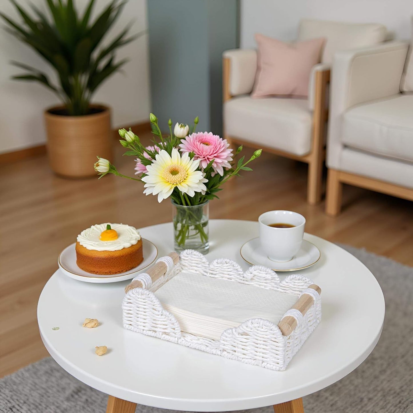 CubesLand Scalloped Napkin Holder for Bathroom Decor, Paper Rope Flat Napkin Dispenser Guest Towel Tray for Bathroom, Farmhouse Warm Napkin Holder for Table Dining Room Home Kitchen Decor, White