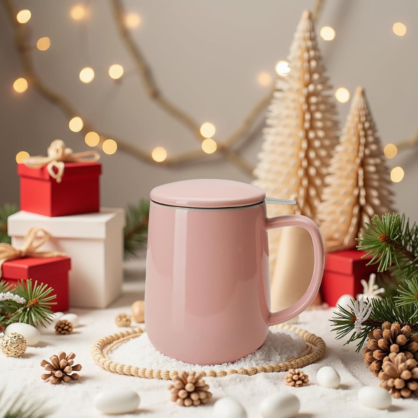 Sweese 20 OZ Porcelain Tea Mug with Infuser and Lid, Loose Leaf Tea Cup, Gifts for Tea Lover - Pink