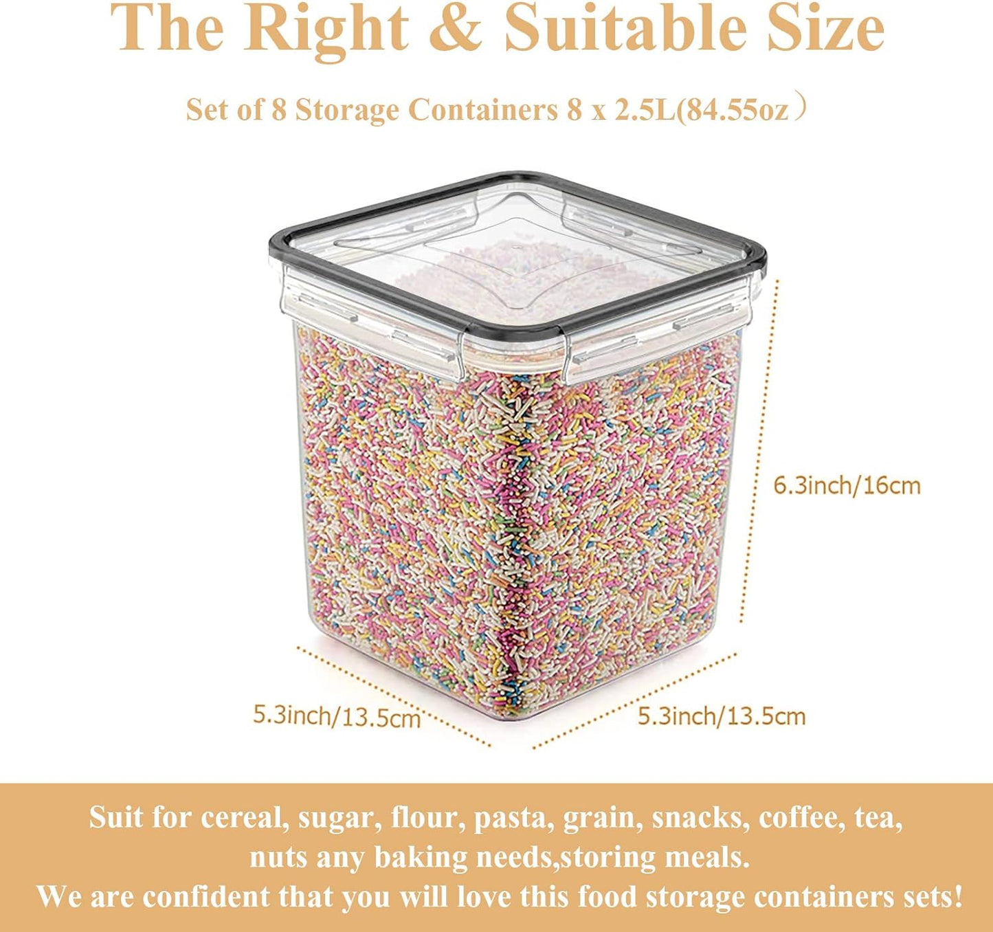 Cereal Container Food Storage Containers, Airtight Dry Food Storage Containers Set of 8 (2.5L/85oz) for Flour, Sugar, Cereal and Pantry Storage Containers with Black Locking Lids