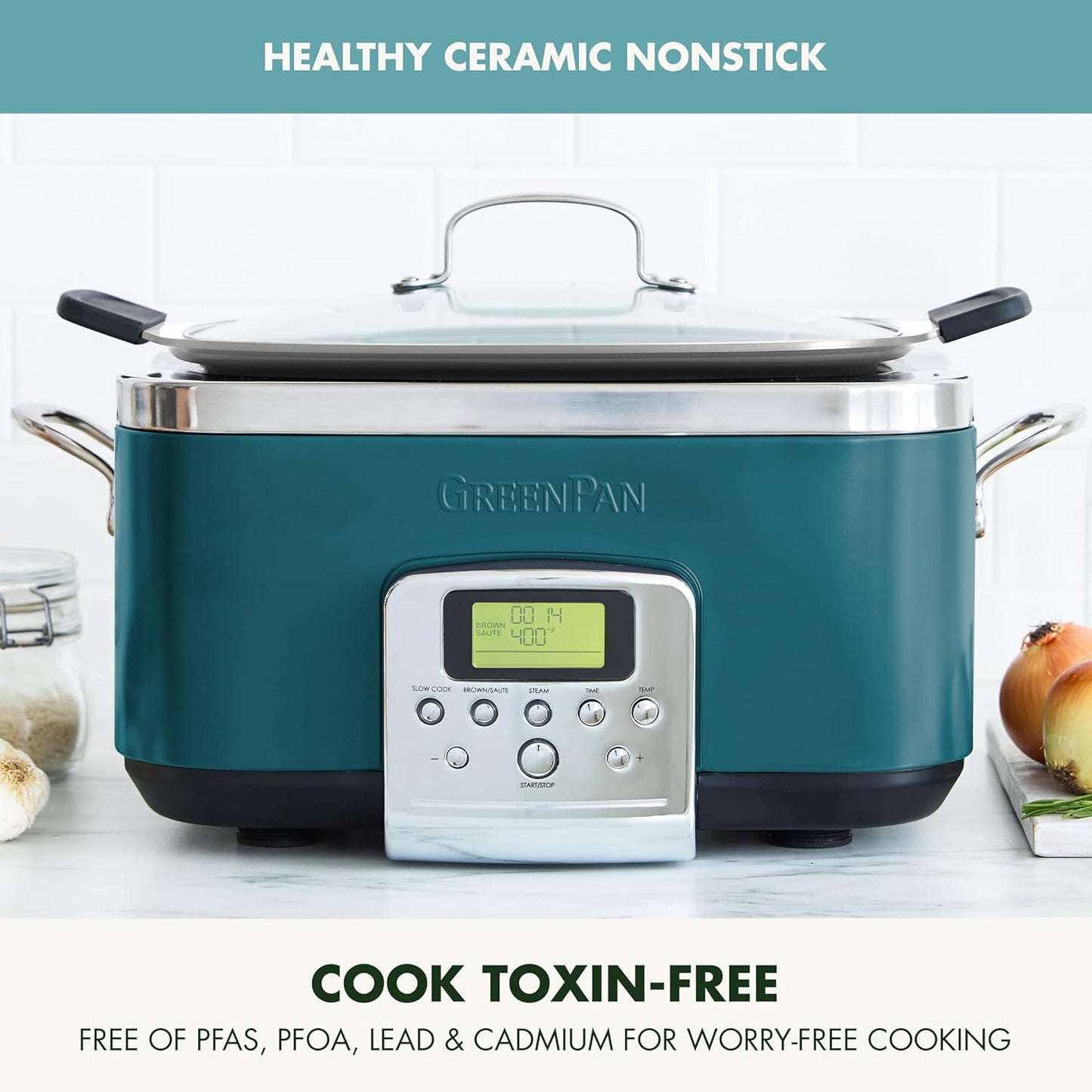 GreenPan Elite 8-in-1 Programmable 6QT Electric Slow Cooker, Dishwasher Safe Lid & Removable Crock, PFAS-Free Healthy Ceramic Nonstick Multi-Cooker, Sear, Sauté,Brown, Steam Basket, Roast, Deep Teal