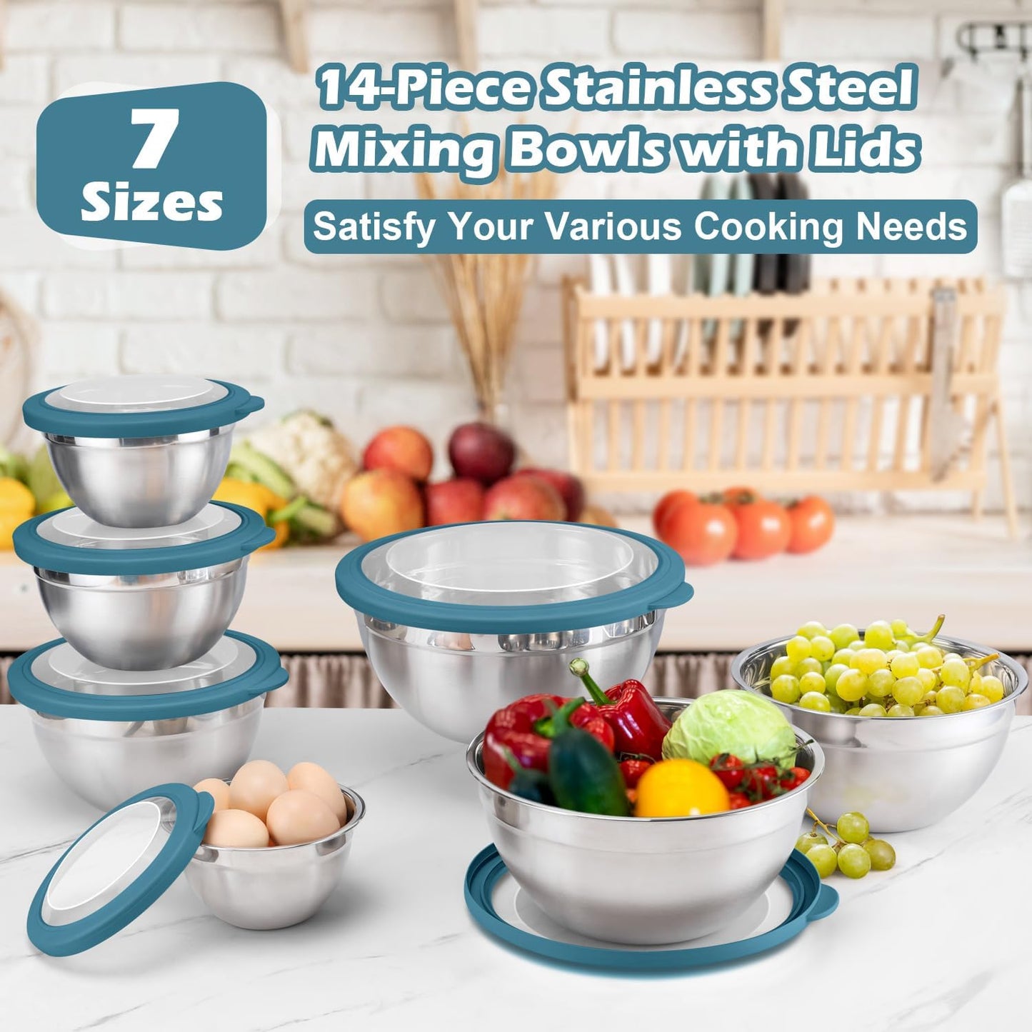 E-far Mixing Bowls Set of 7, Stainless Steel Mixing Bowls with Airtight Clear Lids, Metal Nesting Bowls for Kitchen Prep, Baking, Serving, Dishwasher Safe, Size 4.6, 3.5, 3, 2, 1.5, 1, 0.7QT, Blue