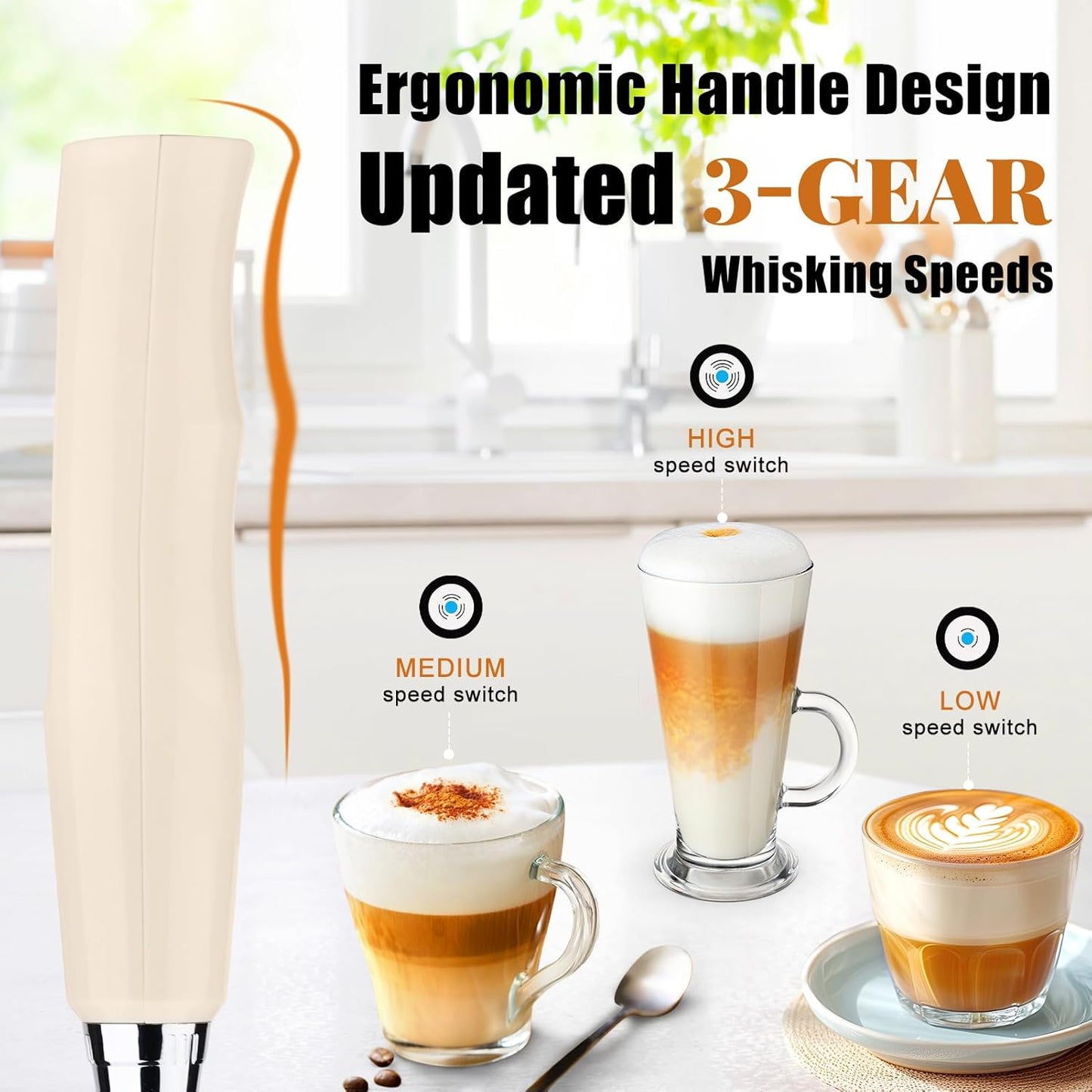Nahida Beige Milk Frother Wand for Coffee, Frother Handheld Rechargeable Electric Whisk with 3 Heads 3 Speeds Drink Mixer Coffee Frother Foam Maker For Latte, Cappuccino, Hot Chocolate, Egg