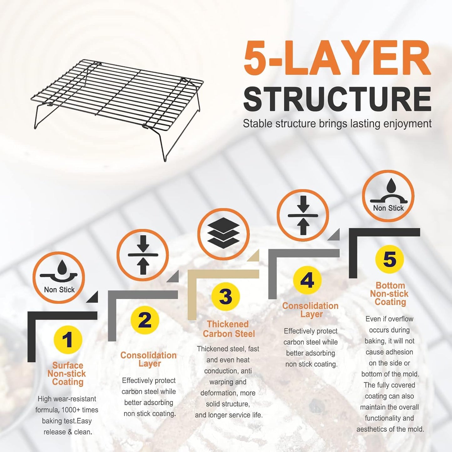 CHEFMADE Baking and Cooling Rack Set, 13.5-Inch 3-Tier Non-Stick Stackable Collapsible Rectangle Wire Rack for Oven Baking (Black)