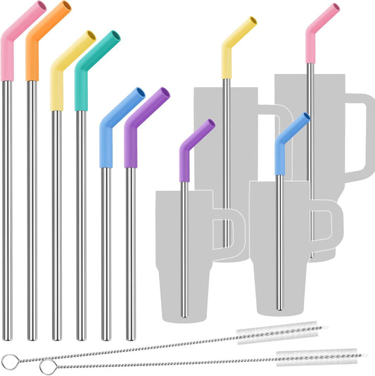 Tomorotec 6-Pack Stainless Steel Drinking Straw with 6 Silicone Tips, 3 Sizes Metal Reusable Straws Fit for Stanley Quencher Tumblers 40oz, 30oz, 20oz, 14oz, with 2 Cleaning Brushes