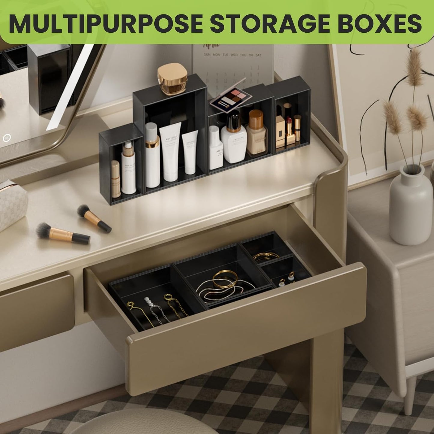 Bamboo Drawer Organizer Set, 5 PCS Multi-use Varied Sizes Junk Drawer Organizer Kitchen Storage Box for Office, Home, Bedroom, Bathroom, Black