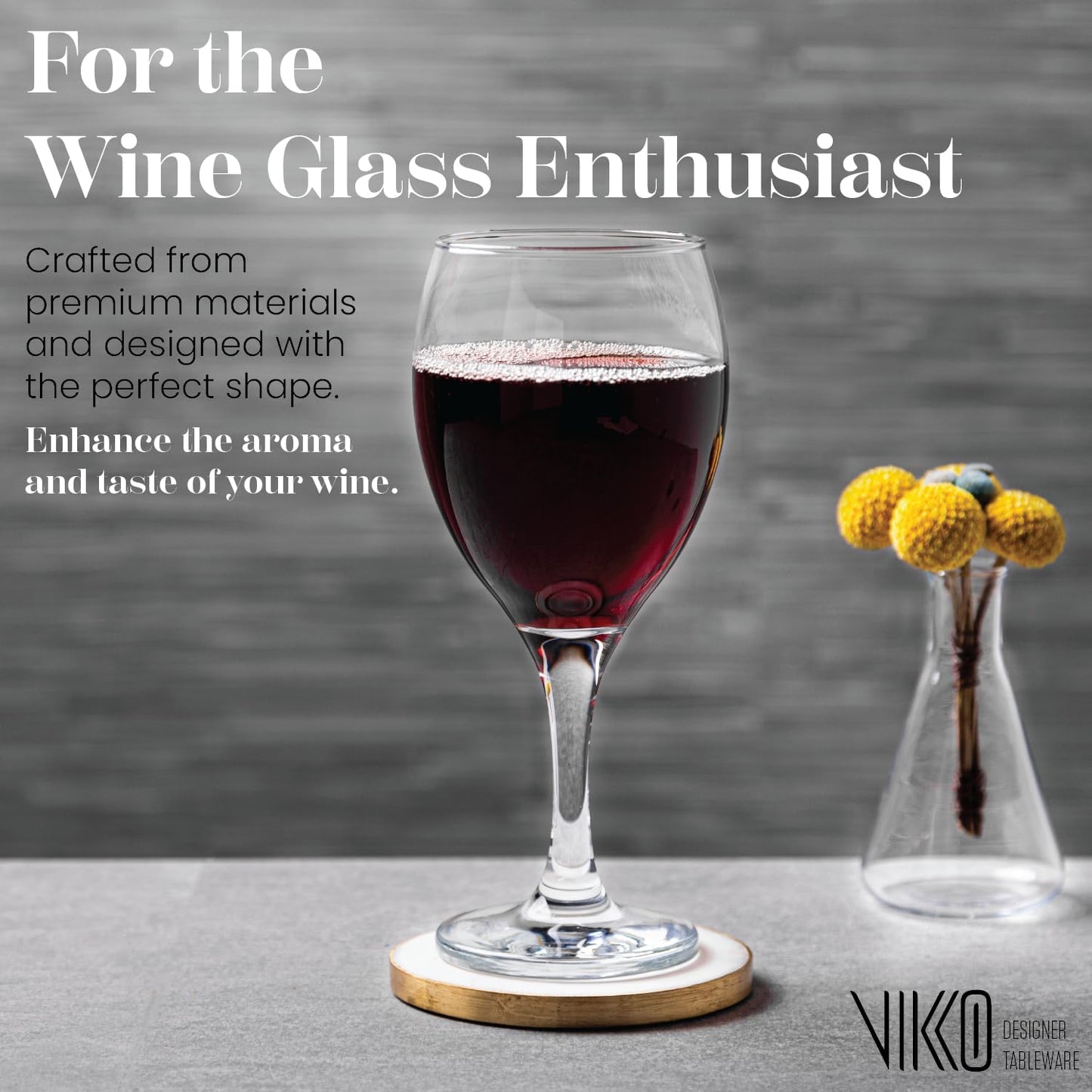 Vikko Wine Glasses, 15 Ounce Stemmed Set of 6 for Red and White, Thick and Durable Clear Glass