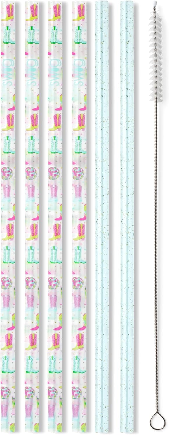 Swig Life Reusable Straws Disco Cowgirl + Aqua Glitter Tall Straw Set & Cleaning Brush, Each Straw is 10.25 inch Long (Fits Swig Life 20oz Tumblers, 22oz, and 32oz Tumblers)