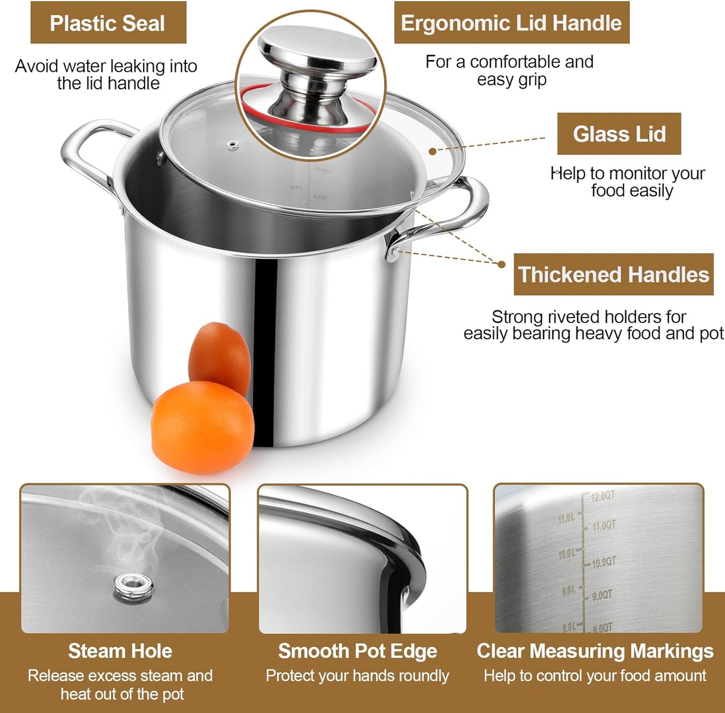 P&P CHEF 12 Quart Tri-Ply Stainless Steel Stockpot, Stock Pot with Visible Lid for Soup Pasta Vegetable, Induction Cooking Pot for All Stoves, Sturdy & Double Handle, Dishwasher Safe