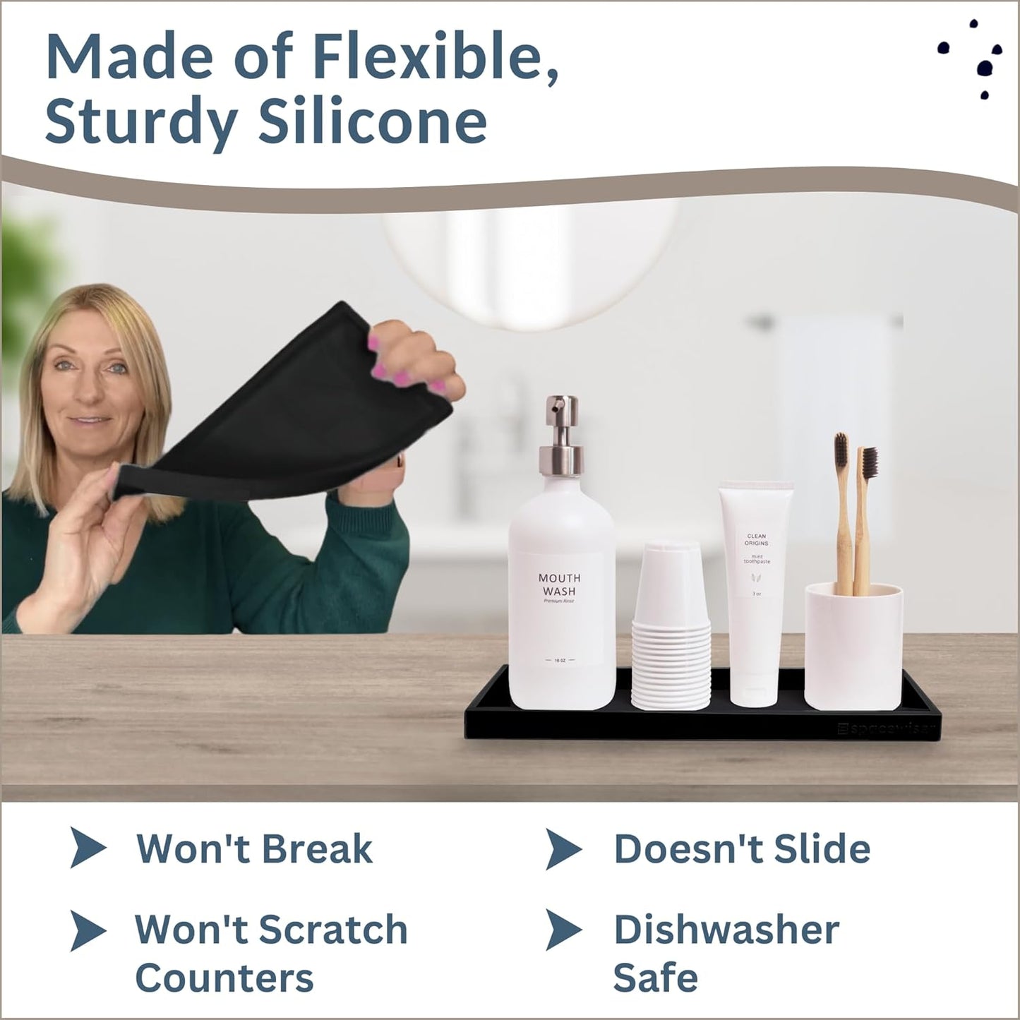 Countertop and Vanity Tray - 11.7" Silicone Bathroom Tray Countertop, Dish Soap Trays for Kitchen Counter, Organizer Accessories Caddy, Toilet Laundry Shower Oil Makeup Mat, Black