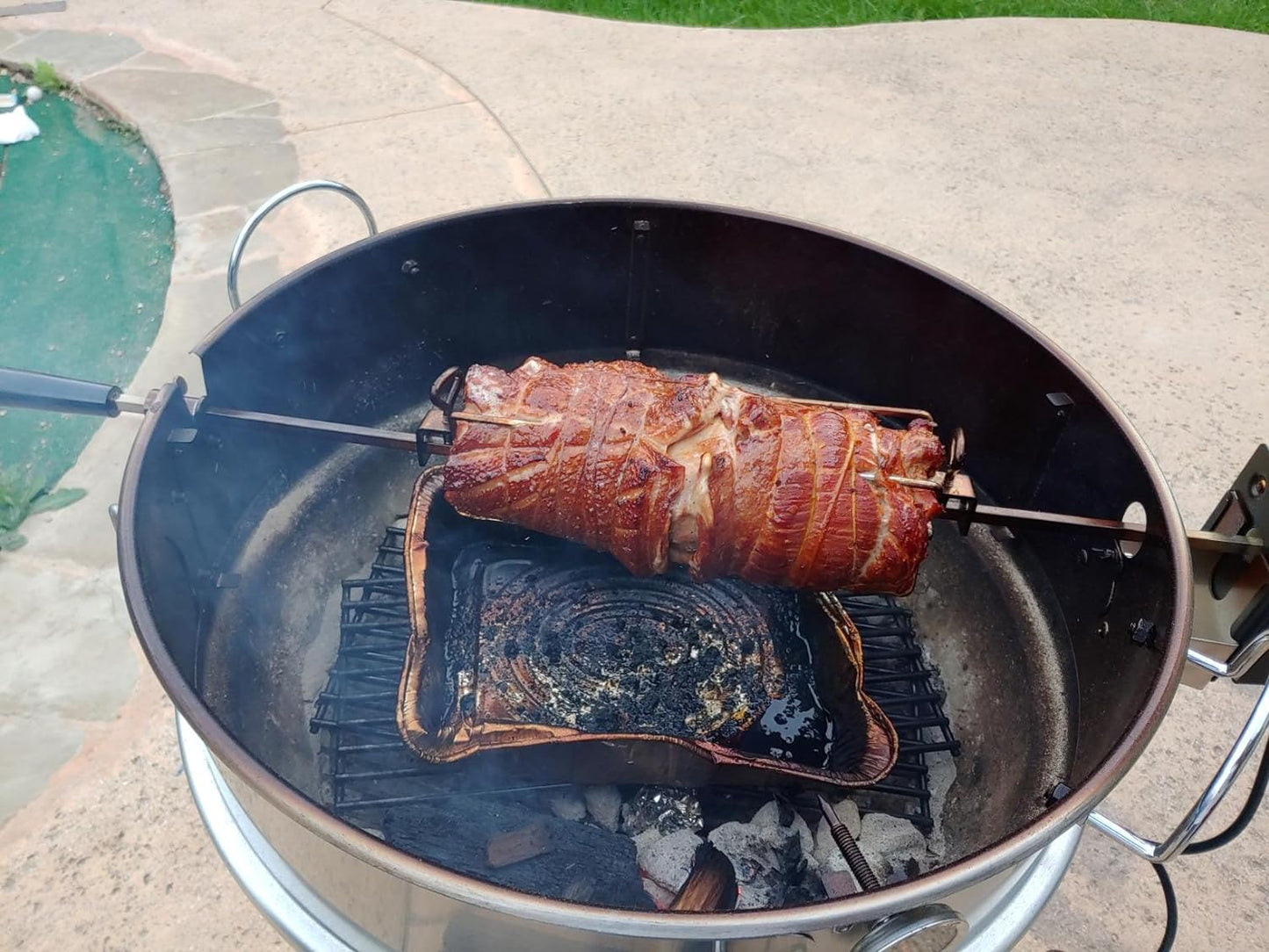 onlyfire Stainless Steel Multi-purpose Rotisserie and Pizza Combo Kit for Weber 22-Inch Kettle Charcoal Grills - Include Pizza Peel and Pizza Stone