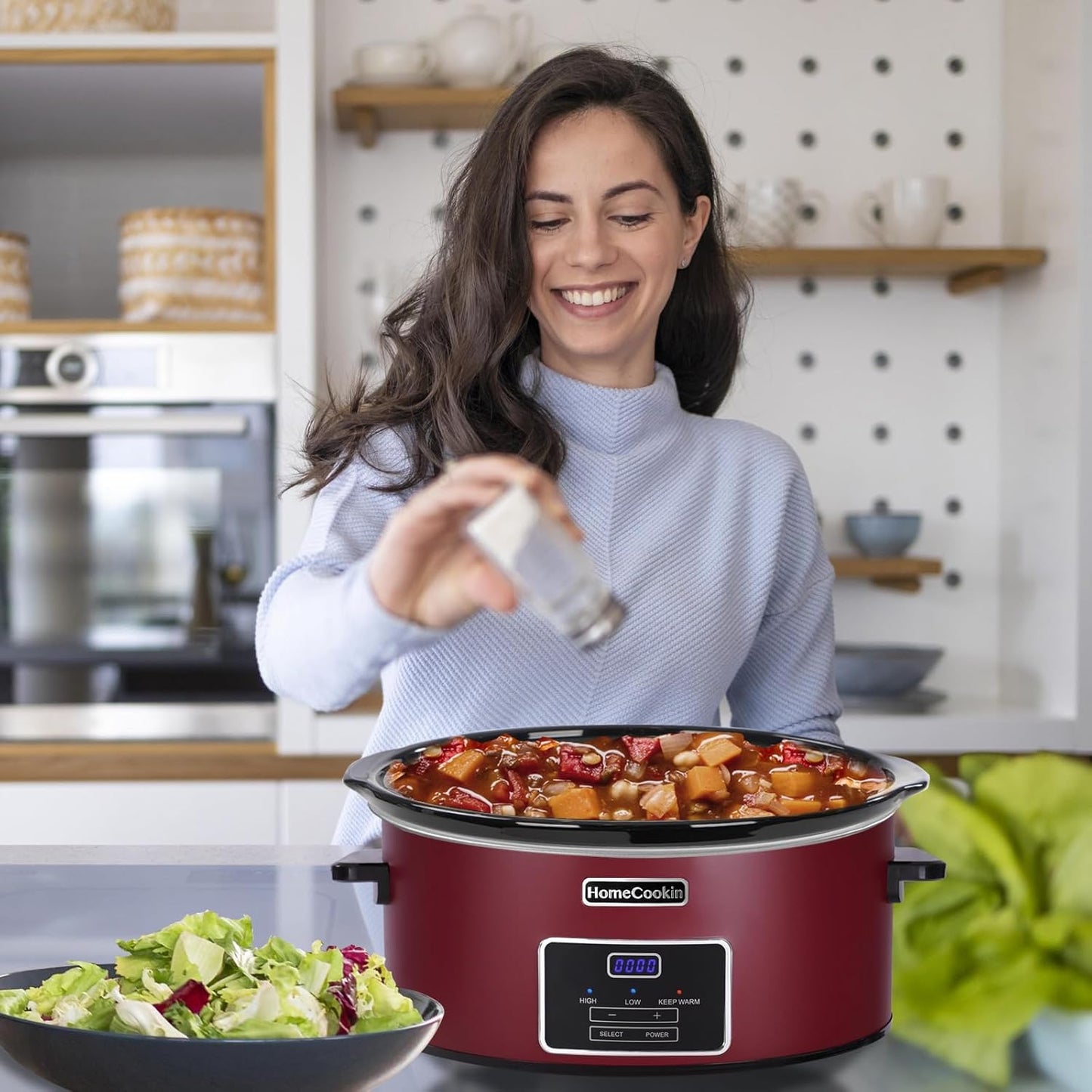 HOMECOOKIN 6 Quart Programmable Slow Cooker, Kitchen Appliances, Perfect Kitchen Small Appliance for Family Dinners, Red Stainless Steel