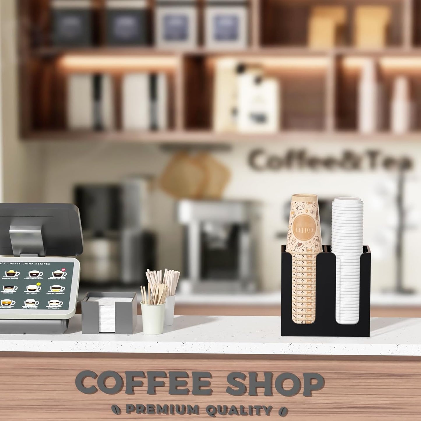 WINFFOR Disposable Cup Organizer Dispenser - 2 Compartments Black Acrylic Cup and Lid Holder with Handles Plastic Cup Dispenser Countertop Paper Cup Holder for Coffee Bar House Party Essentials