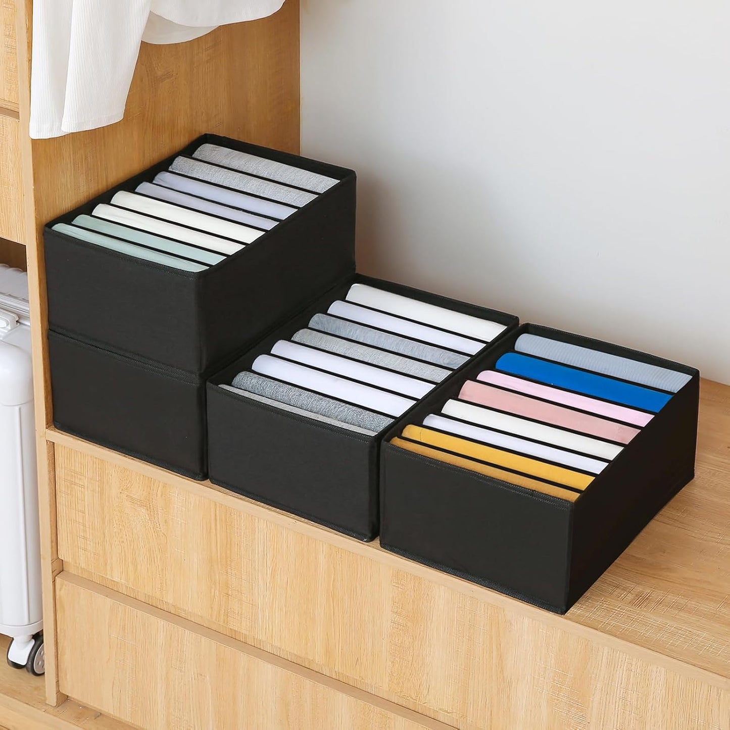 Qozary 4 Pack Drawer Organizers for Clothing, 8 Grids Foldable Closet Organizers and Storage Bins for Bedroom, Dresser Organizer Boxes for Thin T-shirts, Tank Tops (Black, Upgrade Height)