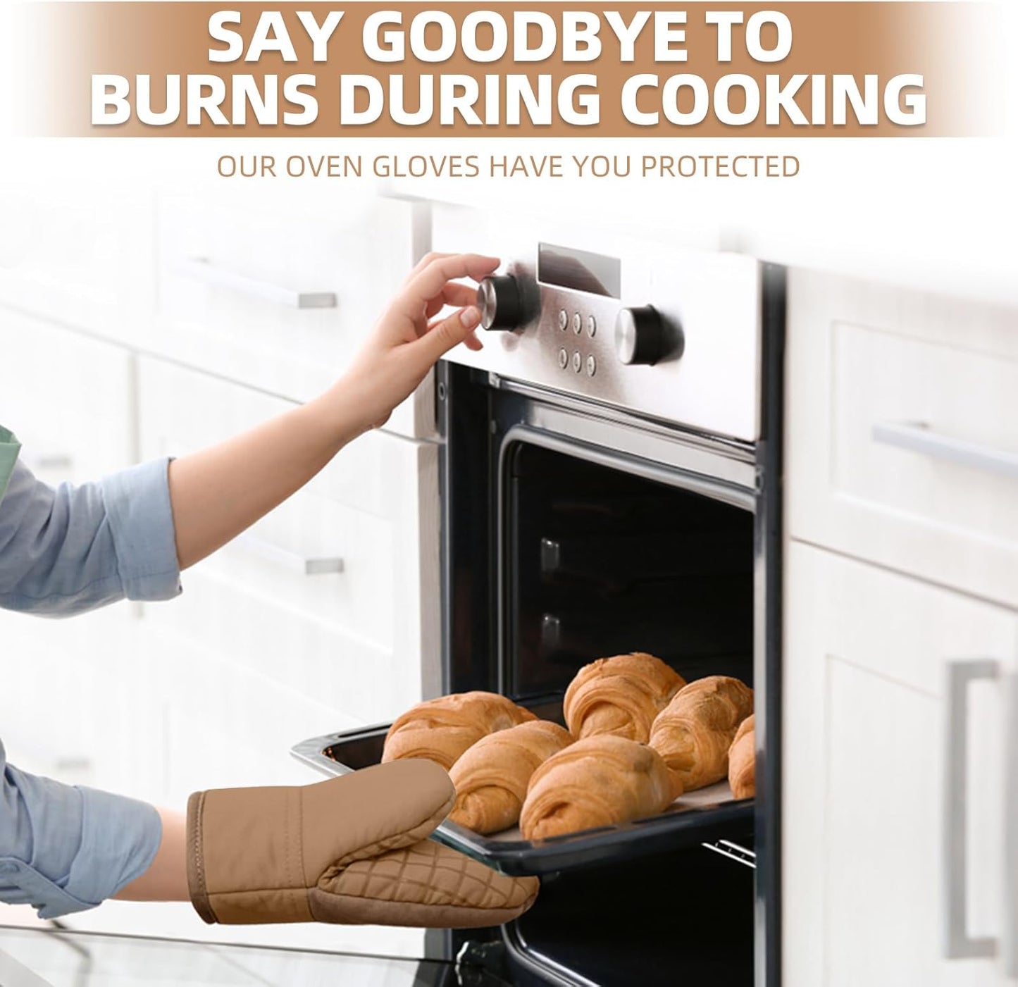 Mini Oven Mitts, Kitchen Oven Gloves Kitchen Mittens 500 Degrees Heat Resistant Baking Gloves, Non-Slip Silicone Surface with Hanging Loops Hot Gloves for Cooking, Baking, BBQ 1 Pair-Brown