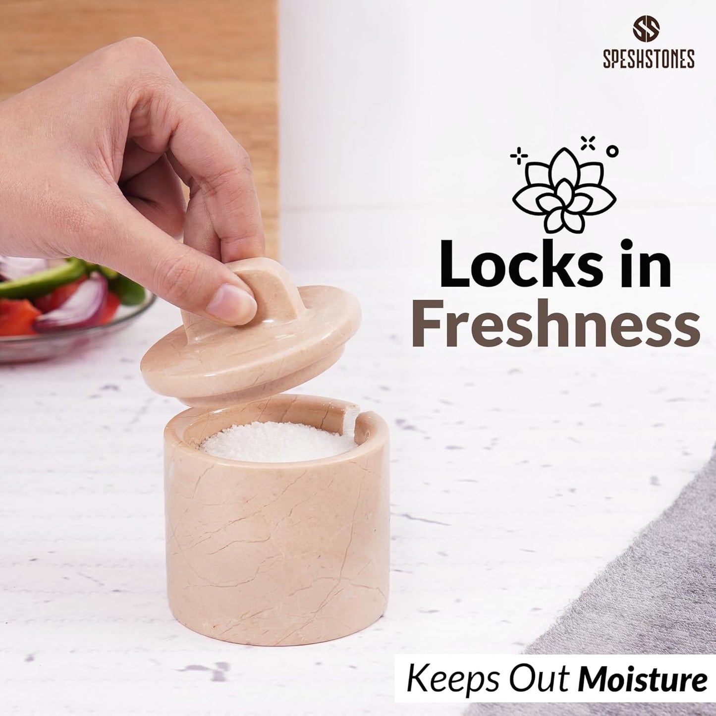 Marble Salt Cellar with Lid and Spoon 4 Inch Verona Handmade Spice Jars for Kitchen Storage - Flaky Salt Holder, Decorative Sugar Bowl & Small Seasoning Containers for Countertop Decor