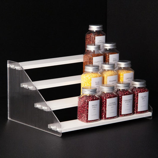nianfeng Tiered Spice Rack, 4-Tier Spice Pantry Kitchen Cabinet Organizer, 12-Inch, Natural Wood Acrylic Stair Riser Stand, Countertop Seasoning Shelf (White)
