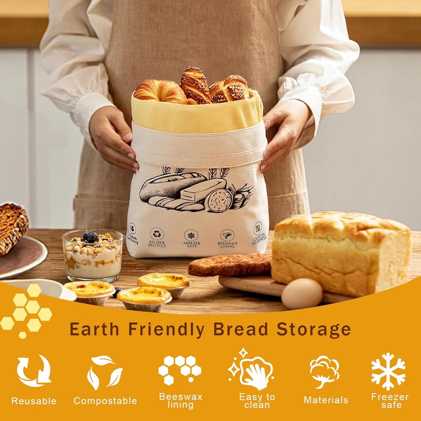 2-Pack Reusable Beeswax Bread Bags for Sourdough & Homemade Bread，Cotton Waxed Bags Keeps Fresh Longer(Amber Wheat)